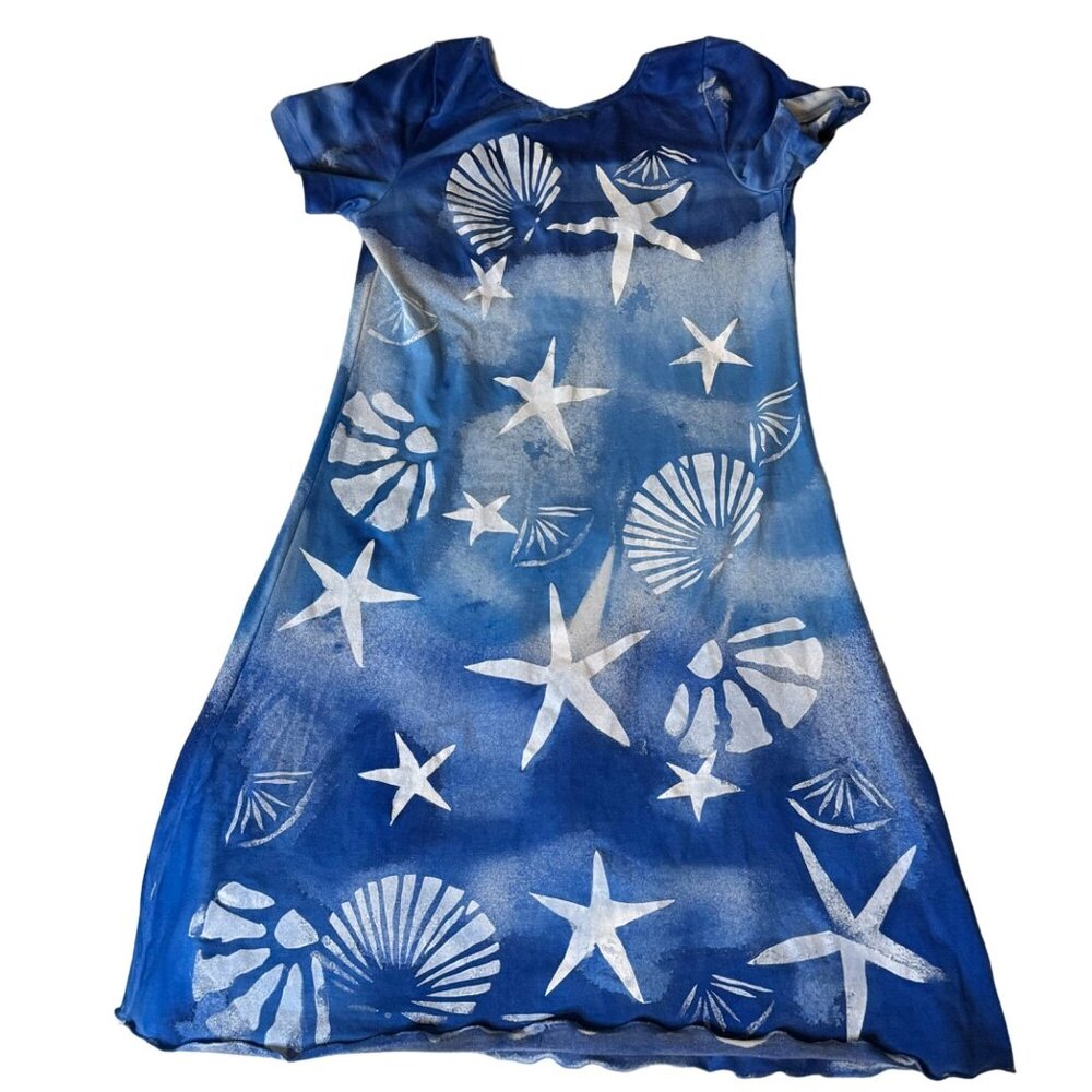 Crazy Fish Blue Tie-Dye Beach Dress Size S Shell Starfish Design Hawaiian Summer